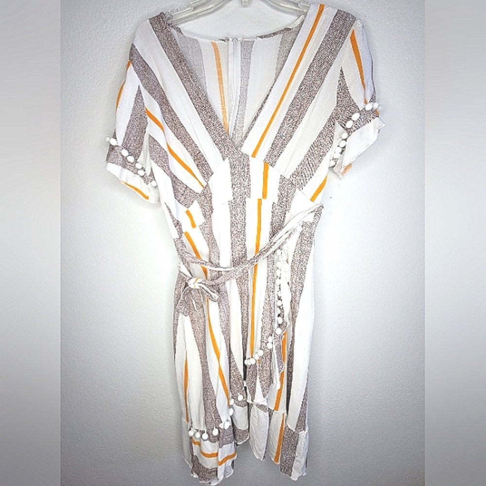 Ruffle Skirt Dress Striped Large VNeck Tie at Waist NWOT & Little White Balls